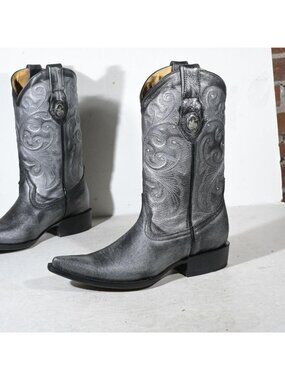 Vintage Silver Leather Western Cowboy Boots Deadstock Embroidered Burnished 9.5